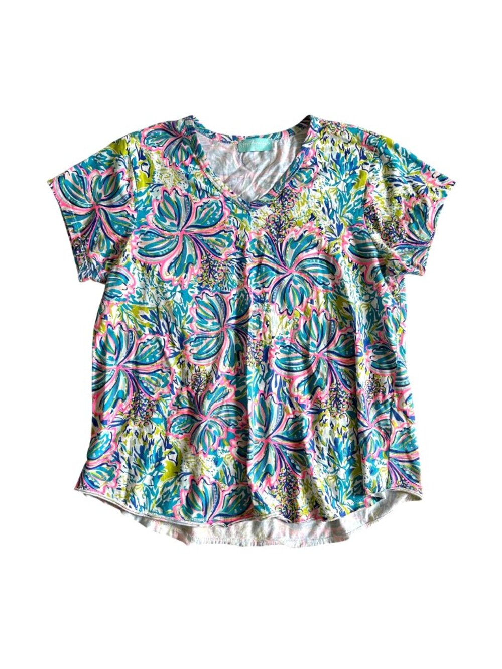 Anthonys Women's Sz L Resort Wear Floral V-Neck Top Multi-Color Short Sleeve Tee